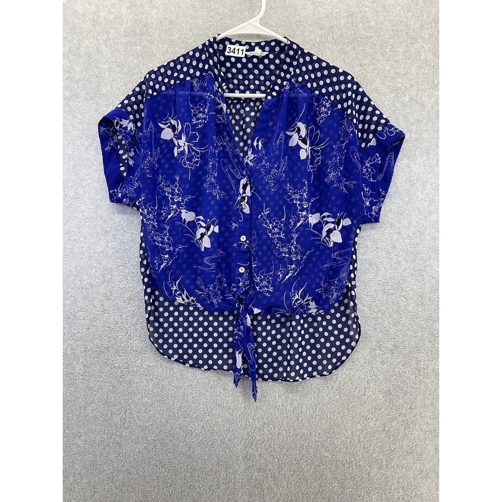 LEIFNOTES Anthropology Women's Blouse Button Front Tie Blue Size 6 Short Sleeve